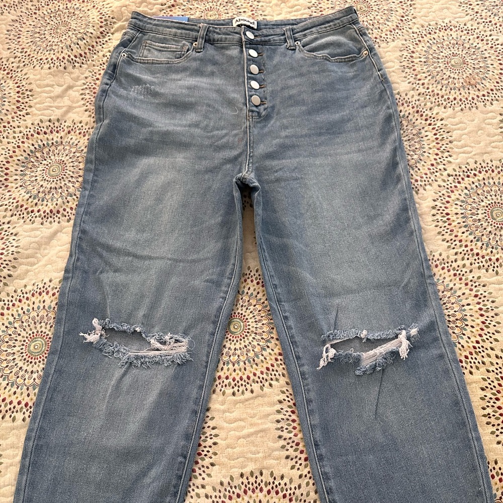 Blue jeans ripped distressed mom jeans